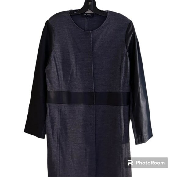 St John Collection Gray Textured Rayon Wool Leather Trim Coat Topper. Size 14 - Picture 3 of 12